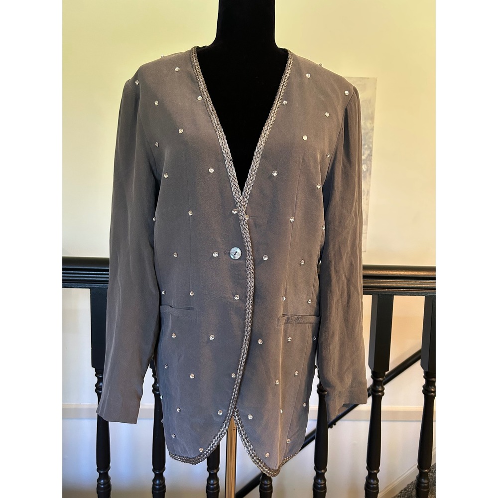 Lew Magram New York Gray Silk Rhinestone Braided Trim Blazer Jacket Size 8